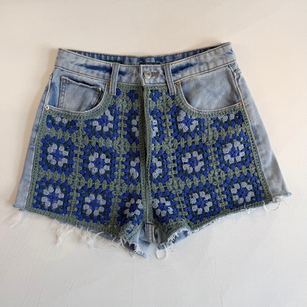 Wild Fable HighRise Crochet Denim Shorts Size 4 Granny Square Cutoff Button Fly